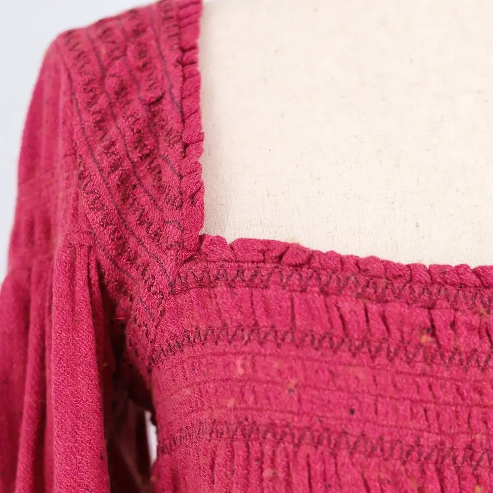 Free People Women Rose Embroidered Maggie Peasant Sleeve Bohemian Top Size M
